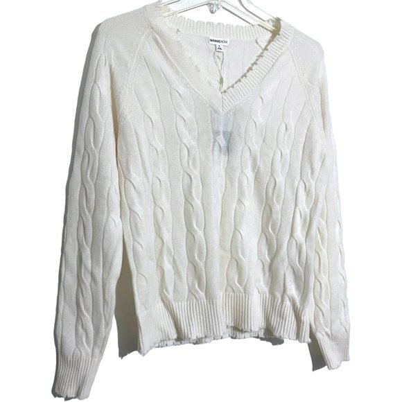 NEW Minnie Rose Cashmere V-Neck Frayed Edges Cable Knit Sweater - Picture 7 of 12
